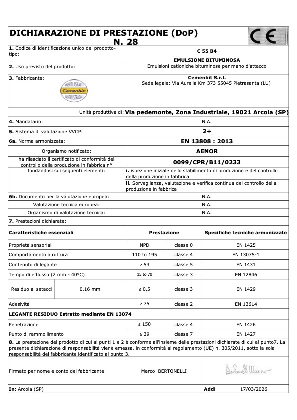DoP 28-Emulsione bituminosa C 55 B4
